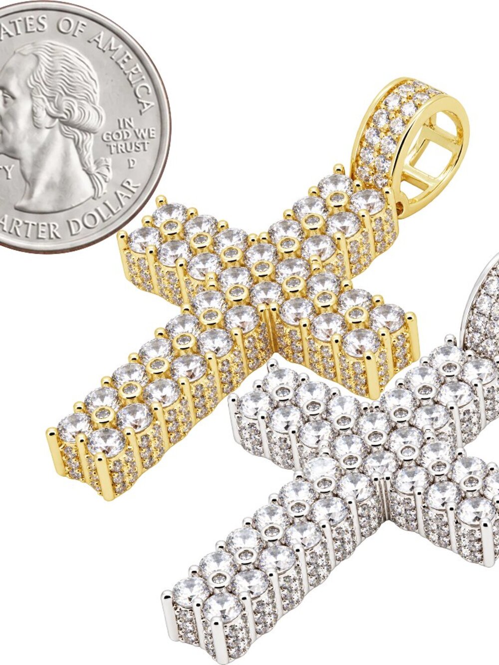 14k Yellow/White Gold Plated AAA Cubic Zirconia Two-Row Pavé Cross Pendant